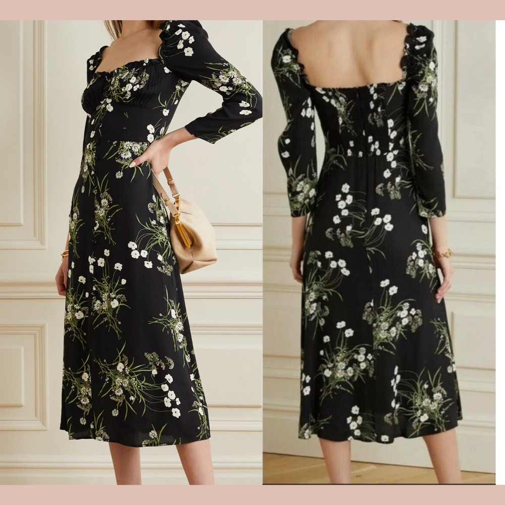 NWT$248 Reformation [ 6 ] Long Sleeve Fairway Veuve Midi Dress Black Floral 7105